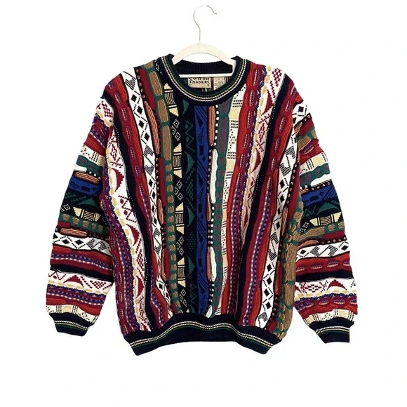 Vintage 90s Cotton Traders Coogi Style Colorful 3D Knit Crewneck Sweater Retro L - Picture 1 of 12